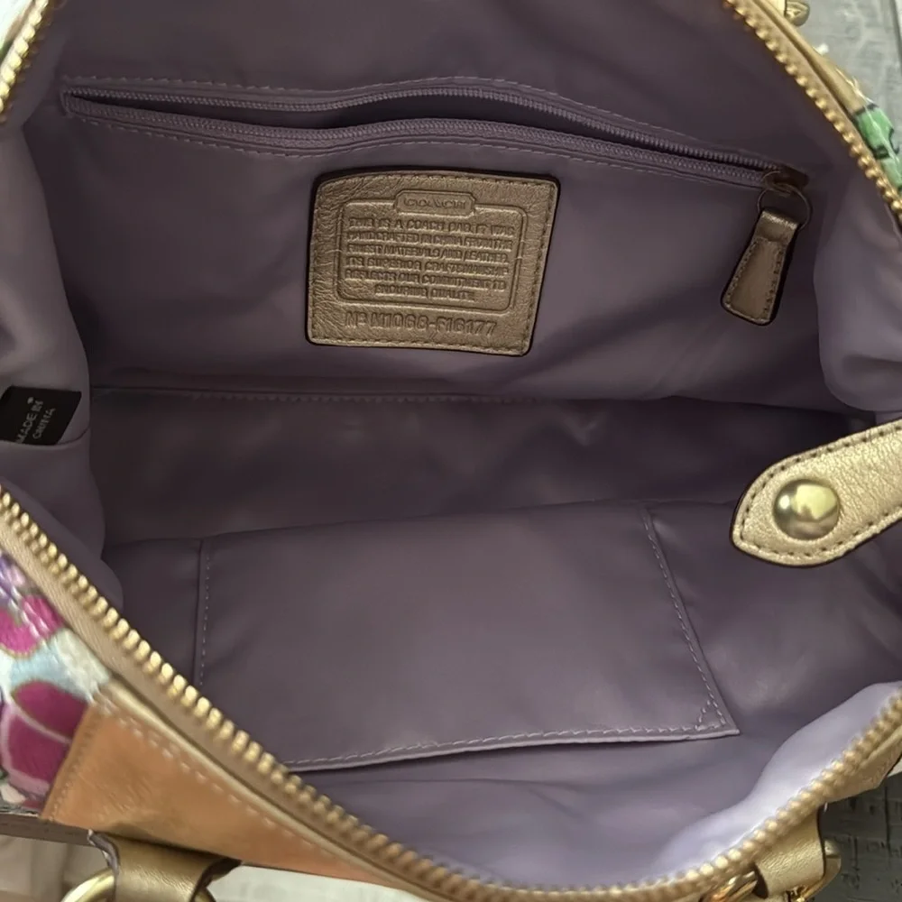Coach Green, Purple and Gold Floral Satchel - Picture 6 of 6